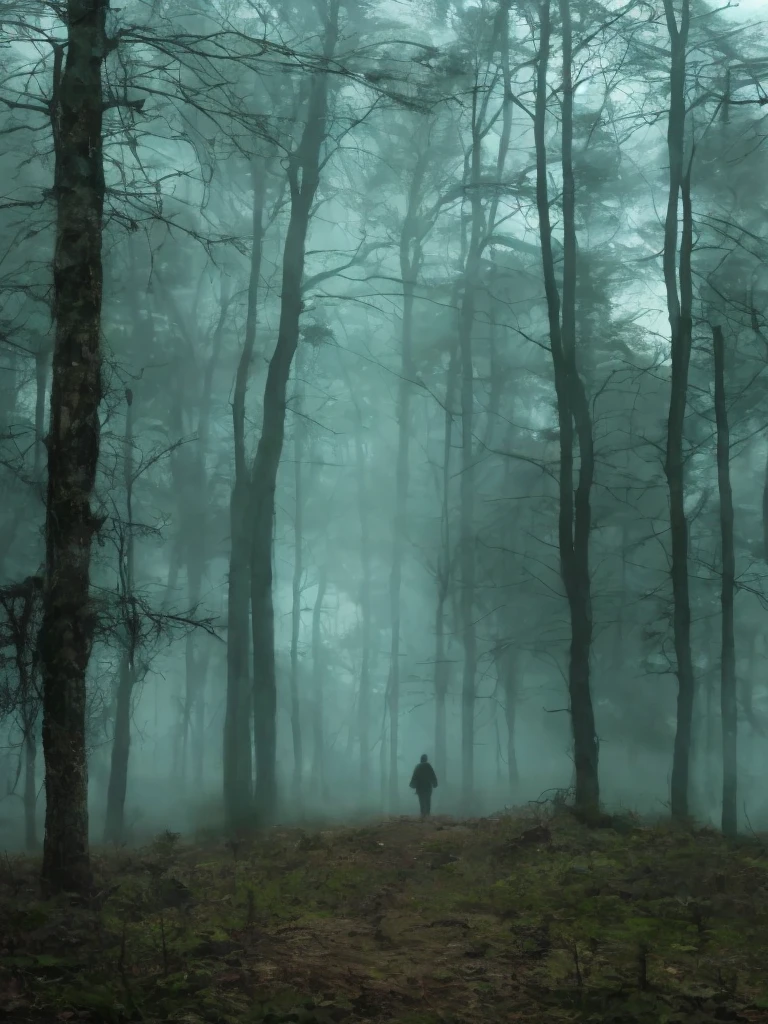 The Witch’s Fogbound Grove. Cursed forest of the damned! A Grim new englad witch fable, forbidden folktales, disturbing narritive, a shadowy forest blanketed in thick fog, the moonlight barely filters through the twisted branches. The fog swirls around ancient trees and overgrown roots, with strange symbols carved into the tall creepy tree trunks. In the distance, a mysterious witch in a dark hooded cloak stands next to a crumbling stone altar, her eyes glowing faintly through the mist. The air crackles with dark magic, and the silence is broken only by the rustle of the wind, as if the forest itself is alive and watchin, atmospheric art by - Makoto Sato and Daisuke Satake, Stefan Koidl, Boris Groh and Jocelin Carmes, ominous sky, gritty matte painting, cerebral horror, tense art, immersive storytelling art.