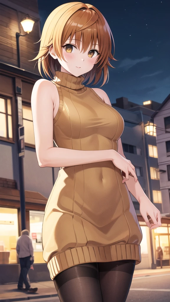 (high quality, High resolution, Fine details), Brick Street, Sunlight shining, break (Black knit sleeveless high neck), break White pleated long skirt, Flowing fabric, break Standing, alone, Curvy Women, Sparkling eyes, (Fine grain:1.2), Natural Makeup, Earrings, smile, blush, Sweat, Oily skin, Soft colors, Breeze, Bokeh, Shallow depth of field