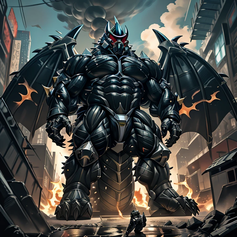 (masterpiece. official art. 8k. best quality. detailed full body. full body.)
(situation 1 : dominating demon lord dragon batzz. focus Colossus mechanical Muscular demon lord dragon batzz is trampling the CITY. macro. stomp. Low-angle perspective. emphasizing the immense size. The perspective is from below, emphasizing the sheer majesty and power of the Colossus. Colossus art. He is much bigger than a skyscraper. Giga Colossuss. micro soccer field. looking down.)

(situation 2 :smoke and flames rising from the destruction in the city)

(Additional details 1: wearing a full-face helmet. helmet is jet black. The color of NANOSUIT is jet black. high-tech bio-mecha armor. real texture material. whole body shines like metal. Wearing cyberpunk mecha. emphasizes the muscles. suit fully made of metal. intricate armor. Robotic suit. suit fully made of metal. NANOSUIT with the same design as demon lord dragon batzz.). (demon lord dragon batzz has 5 toes.)

(Additional details 2: (Detailed head. Detailed Body. Detailed abs. gigantic muscles. HYPER MUSCLES. Gigachad Muscular. big muscle. pecs. triceps. traps. unusually developed muscular body. body full of huge muscles. showing off muscles. pectorales enormes. Exaggeratedly huge muscles. huge muscles. long legs.).

(Additional details 3: nj5furry, Spread wings. It has wings. black have big wings. The claws are sharp. Sharp teeth.5 toes.). 