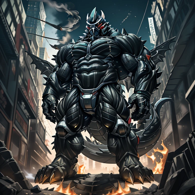 (masterpiece. official art. 8k. best quality. detailed full body. full body.)
(situation 1 : dominating demon lord dragon batzz. focus Colossus mechanical Muscular demon lord dragon batzz is trampling the CITY. macro. stomp. Low-angle perspective. emphasizing the immense size. The perspective is from below, emphasizing the sheer majesty and power of the Colossus. Colossus art. He is much bigger than a skyscraper. Giga Colossuss. micro soccer field. looking down.)

(situation 2 :smoke and flames rising from the destruction in the city)

(Additional details 1: wearing a full-face helmet. helmet is jet black. The color of NANOSUIT is jet black. high-tech bio-mecha armor. real texture material. whole body shines like metal. Wearing cyberpunk mecha. emphasizes the muscles. suit fully made of metal. intricate armor. Robotic suit. suit fully made of metal. NANOSUIT with the same design as demon lord dragon batzz.). (demon lord dragon batzz has 5 toes.)

(Additional details 2: (Detailed head. Detailed Body. Detailed abs. gigantic muscles. HYPER MUSCLES. Gigachad Muscular. big muscle. pecs. triceps. traps. unusually developed muscular body. body full of huge muscles. showing off muscles. pectorales enormes. Exaggeratedly huge muscles. huge muscles. long legs.).

(Additional details 3: nj5furry, Spread wings. It has wings. black have big wings. The claws are sharp. Sharp teeth.5 toes.). 