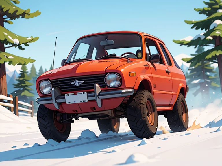 Octane Rendering、(Hyper Detail: 1.2)、(Soft Light、sharp: 1.2)、morning、snow道、snow，A very small old red modified rally car，Front spoiler，Rear wing，Over fender，Very short dress、Cute young girl，Driving a car，Dynamic Driving Experience，winter，winter Rally，Fast and Agile，Jump，sneakers，Anatomically correct，Laughter，Dazzling Light，It will happen:1.2，Tamiya box art:1.2，