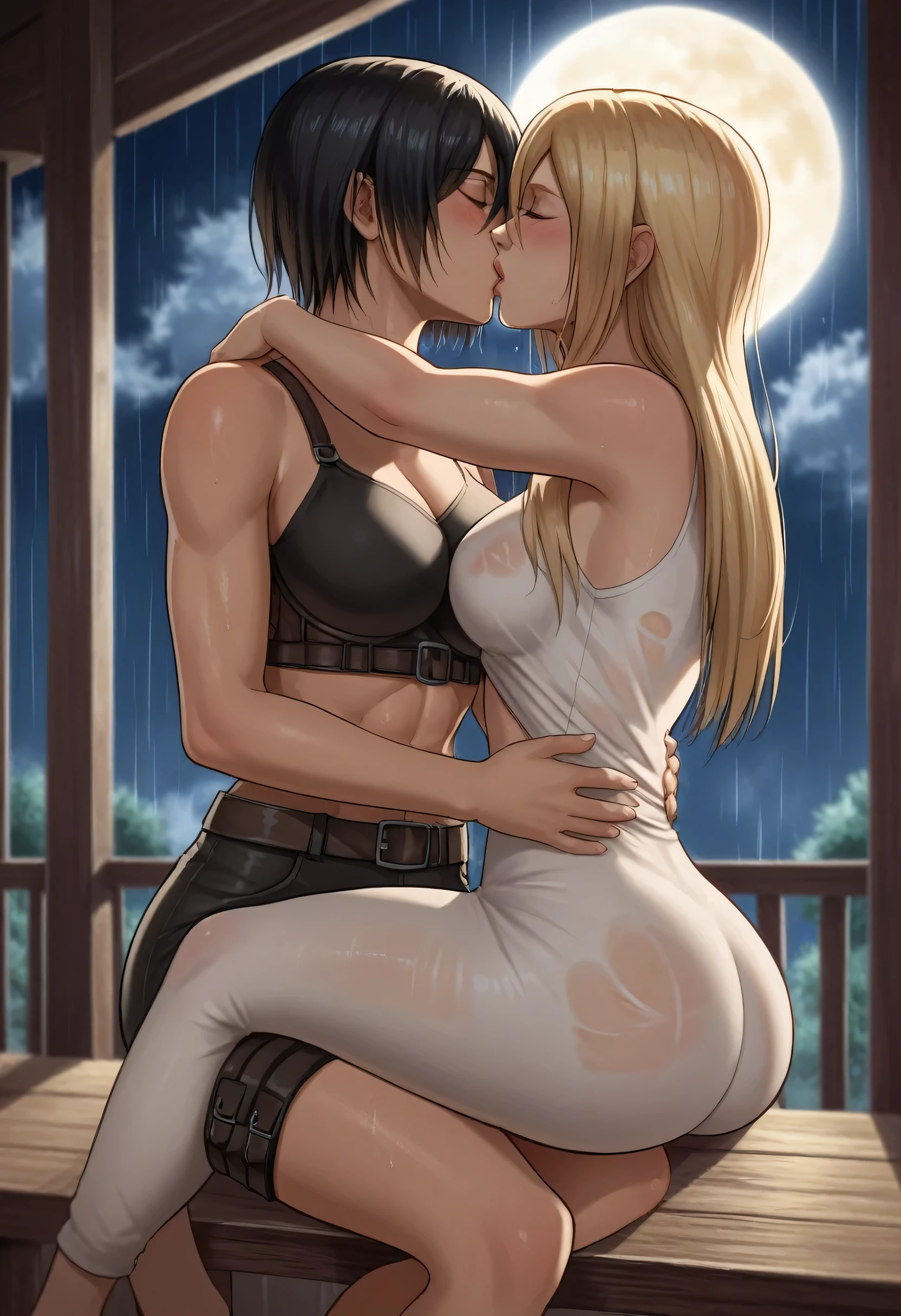 score_9, score_8_up, score_7_up, BREAK source_anime, historia reiss, blue eyes, blonde hair, long hair, medium breasts, long white dress sleeveless,female black hair soldier hugs historia,Mikasa with historia hugs,mikasa wreanig black sport bra and black combat pants,Mikasa female with short hair,mikasa female medium breasts,eyes closed,in night,moon in sky,mikasa final season,mikasa,Mikasa hugs historia،mikasa femboy,mikasa final season,historia blonde hair,hugs and kissing,mikasa carrying historia and kissing her,Mikasa lifts Historia up and kisses her.in middle night,raining outside,mikasa final season,girls kissing,girl×girl,lesbians,yuri,romantic wallpapers,historia sitting on mikasa and kissing her,Mikasa in both hands touch historia ass, raining,wet body's,water dropped on mikasa and historia body's,