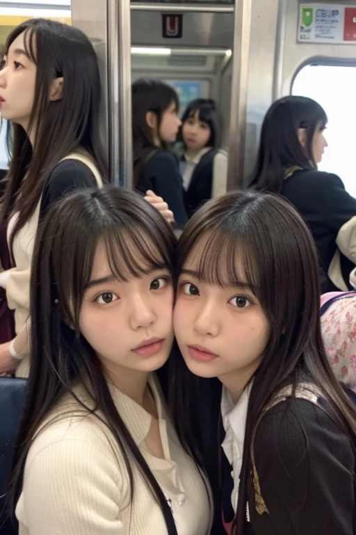 High resolution realistic photos,8k,Realistic skin texture,Young Japanese woman,Two female students pushed each other, Angry expression, face to face, Symmetric docking, {{kiss, Close contact on crowded trains, Pushed girl, Two girls stuck in the crowd, Full of girlsの混雑した電車, unwillingly, Full of girls、No gaps,On the train,Crowded train,