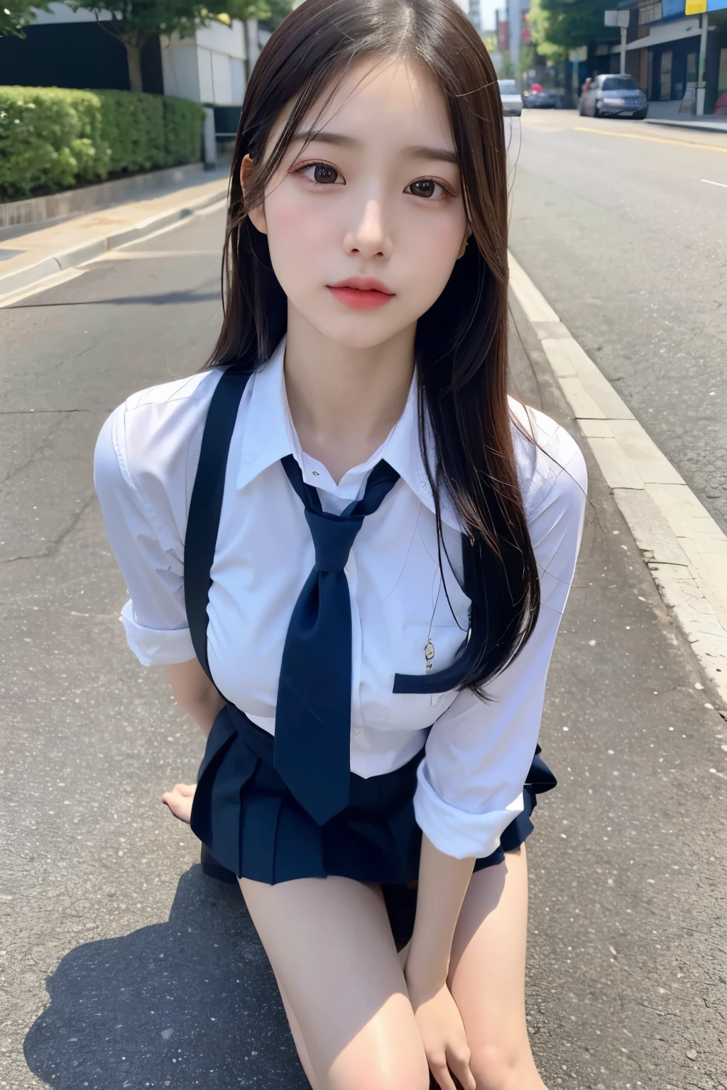 (Medium chest:1.2), looking at the audience, High resolution, 1 girl aged 15, Tie golden ponytail、Seductive face、Sitting on the road、Wear a school uniform