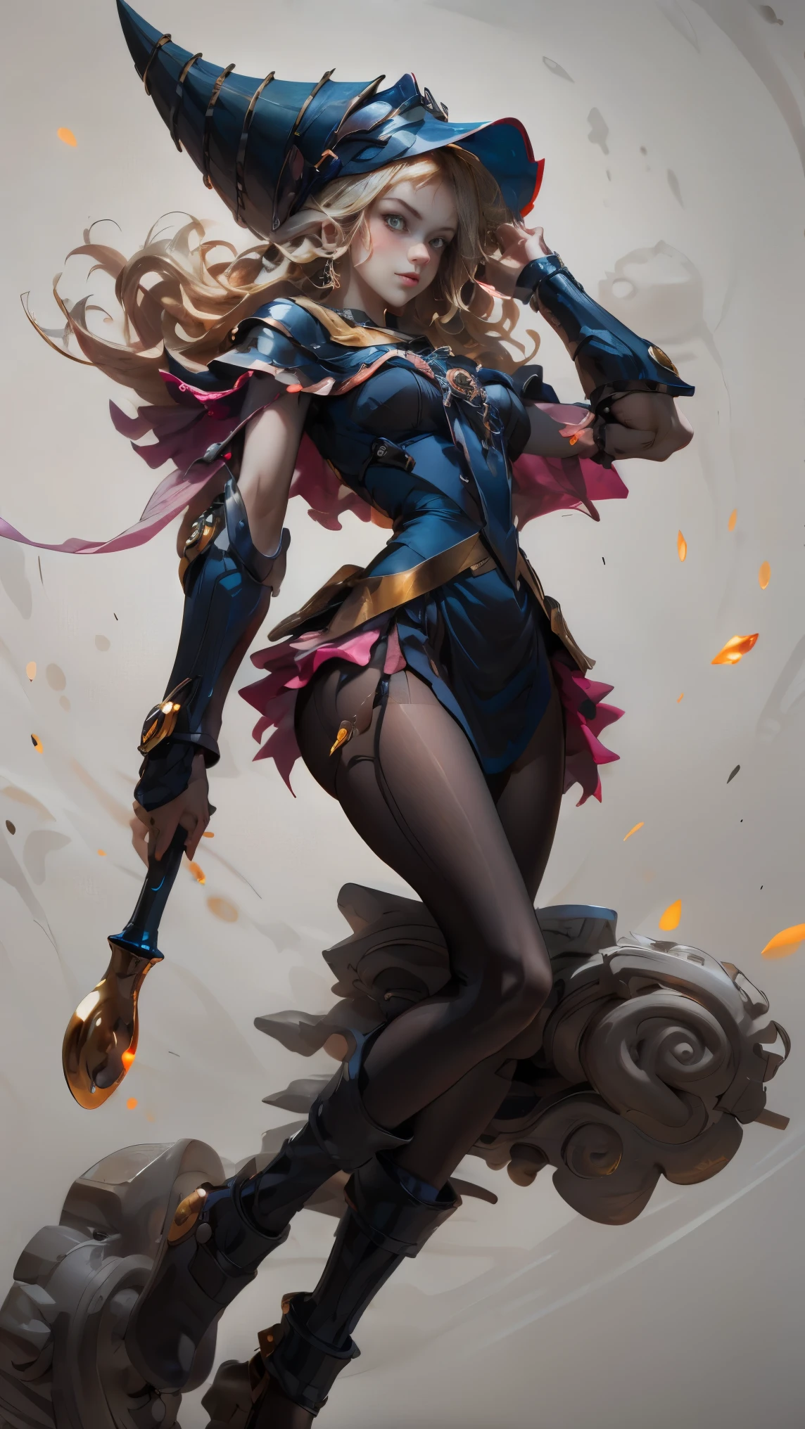 (8K,photorealistic Raw photography highest qualityr;1.4) (1 girl in) super beauty (realistic face) female body (Blonde with long curls) Hold a black and red magic wand combat scene Magic hat with black and gold exterior Beautiful expression dazzling (real looking skin) (Dark mages) tempter Super High Resolution A hyperrealist High detail full body photo remains