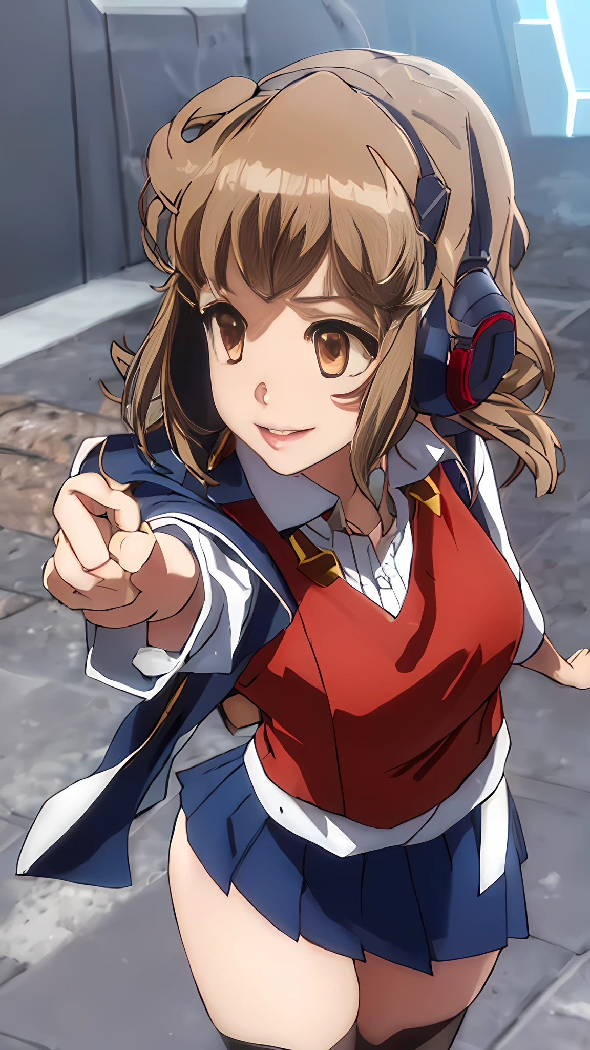 One girl, Girl, Light Brown Hair,Blunt bangs,, smile, Reach out,  Red vest, Navy Blue Skirt, Fine grain, Detailed lips, Realistic, Very detailed, Intricate details, Studio Lighting, Beautiful colors, Warm lighting, Dynamic pose, cinematic, elegant, Elegant 