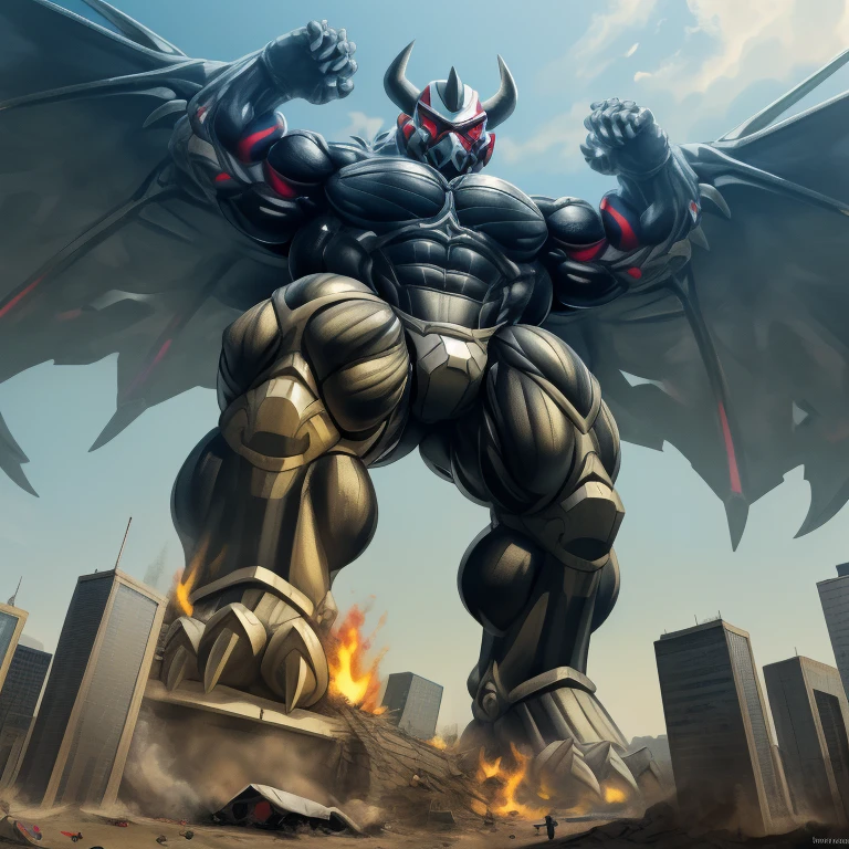 (masterpiece. official art. 8k. best quality. detailed full body. full body.)
(situation 1 : dominating demon lord dragon batzz. focus Colossus mechanical Muscular demon lord dragon batzz is trampling the CITY. macro. stomp. Low-angle perspective. emphasizing the immense size. The perspective is from below, emphasizing the sheer majesty and power of the Colossus. Colossus art. He is much bigger than a skyscraper. Giga Colossuss. micro soccer field. looking down.)

(situation 2 :smoke and flames rising from the destruction in the city)

(Additional details 1: wearing a full-face helmet. helmet is jet black. The color of NANOSUIT is jet black. high-tech bio-mecha armor. real texture material. whole body shines like metal. Wearing cyberpunk mecha. emphasizes the muscles. suit fully made of metal. intricate armor. Robotic suit. suit fully made of metal. NANOSUIT with the same design as demon lord dragon batzz.). (demon lord dragon batzz has 5 toes.)

(Additional details 2: (Detailed head. Detailed Body. Detailed abs. gigantic muscles. HYPER MUSCLES. Gigachad Muscular. big muscle. pecs. triceps. traps. unusually developed muscular body. body full of huge muscles. showing off muscles. pectorales enormes. Exaggeratedly huge muscles. huge muscles. long legs.).

(Additional details 3: nj5furry, Spread wings. It has wings. black have big wings. The claws are sharp. Sharp teeth.5 toes.). 