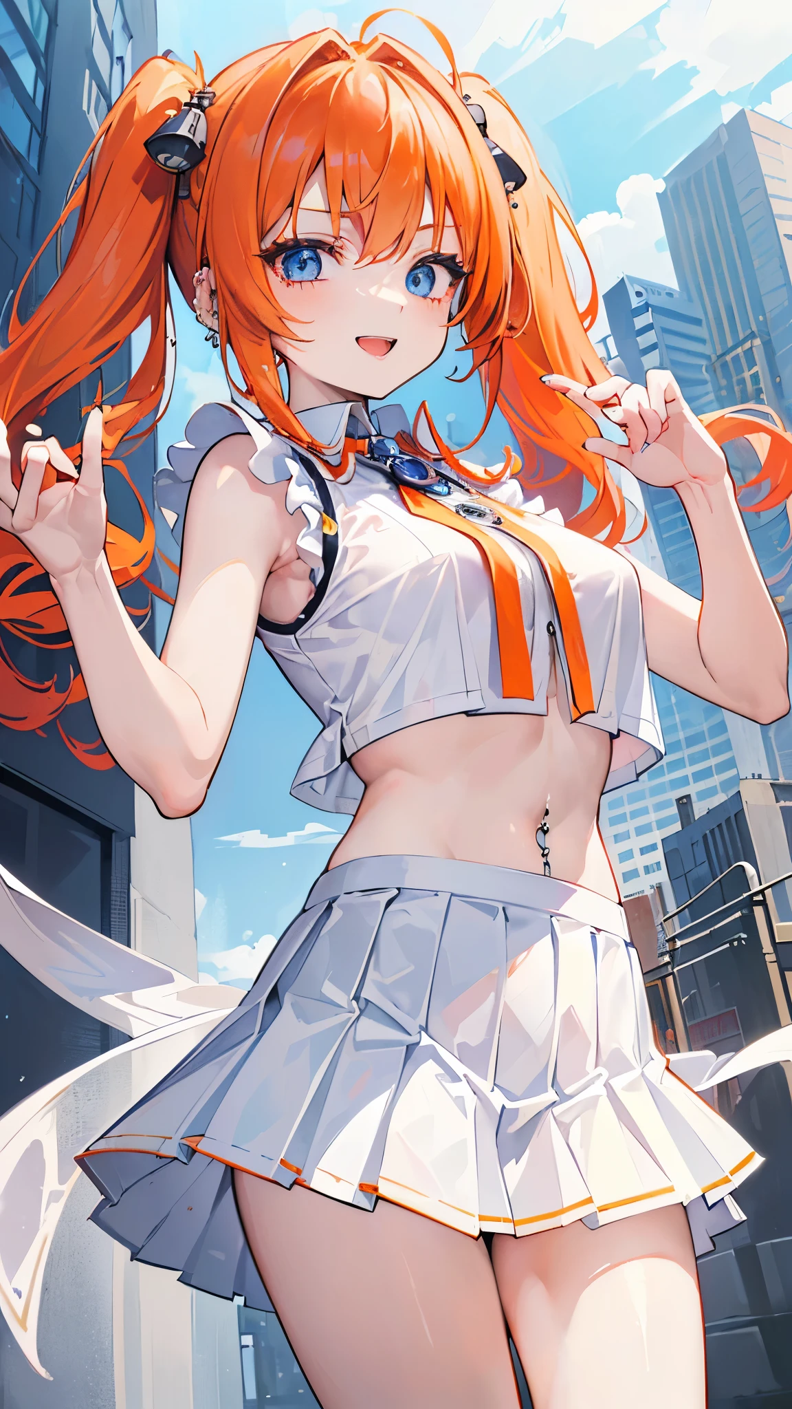 beautiful girl, multicolored hair, hair behind ear, short ponytail, hair bobbles, orange hairband, mole under eye, gradient eyes, grin, anime style, depth of field, backlighting, move chart, cowboy shot, UHD, 8k, textured skin