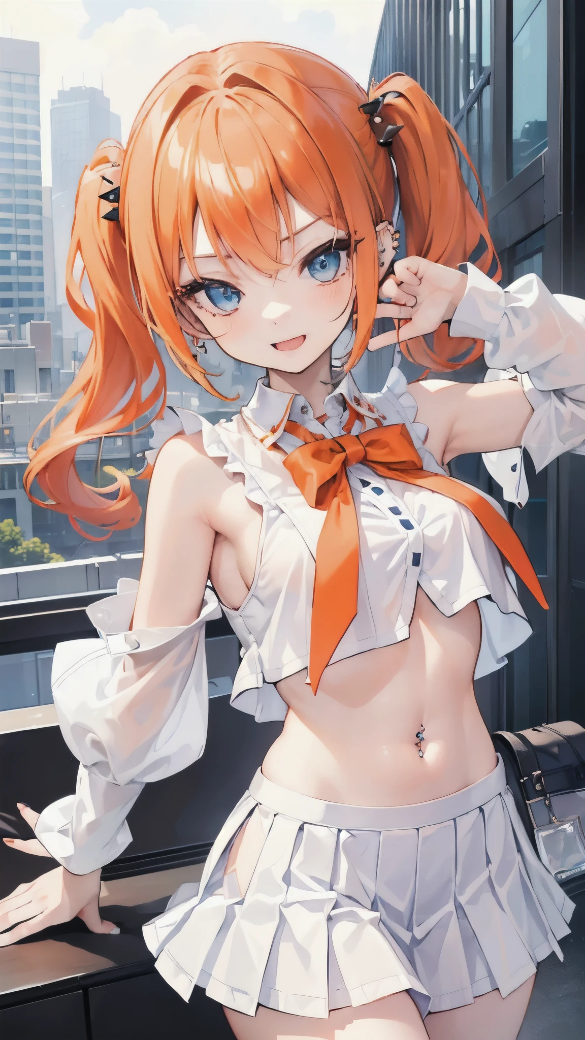 Marie Iraqi、Good looking girl (blush, Perfect Face), independent , Looking at the camera, masterpiece, Anime art style, Cute Characters, Most detailed, high quality、Nico Nico Smile、Cat ear、Orange Hair、Lolita、Small breasts、Running outside、sweating、White short-sleeved gym clothes、Bloomers、Showing armpits