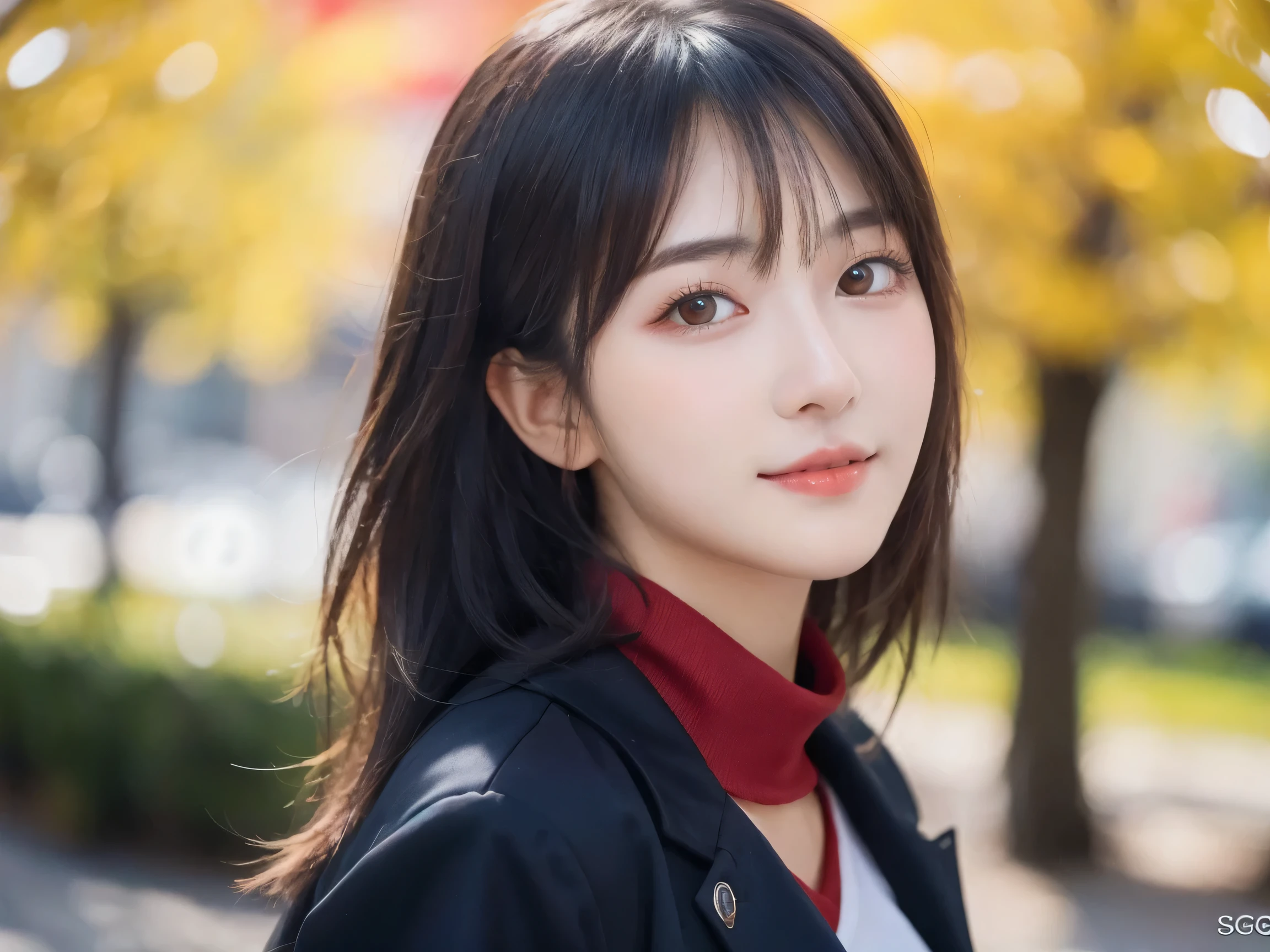 (8k, RAW Photo, Best Quality, Masterpiece:1.2), table top, Ultra Detail, Super Resolution, (Realistic, Realistic Photo:1.37), Portrait, High Detail RAW Color Photo, Professional Photo, Extremely Detailed and Beautiful, Extremely detailed, 8k wallpaper, amazing and detailed, huge file size, official art, highly detailed CG unity 8k wallpaper, highly detailed beautiful girl, highly detailed face, highly detailed eyes, highly detailed skin, highly detailed fingers, highly detailed nose, very detailed detailed mouth , perfect anatomy, highly detailed background, highly detailed clothes, (1 girl in), cute girl, realistic body, fair skin, glowing skin , slim body, handsome body, black hair , semilong hair, (blunt bangs:1.2), smile, cute, youthful, cute face, realistic face, delicate eyes, drooping eyes, looking at viewer, facing front, standing posture, Contraposto, (large breasts), (Perfect Body Proportions), (slender Body Proportions), super sexy pose, (early fall fashion),