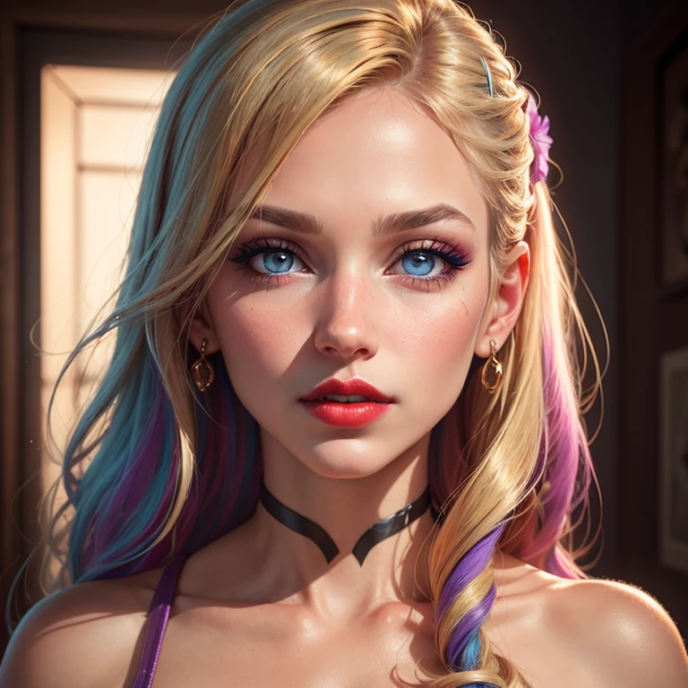 photo of 1girl, close up, makeup, lipstick, red lips, blue eyes, portrait, golden hair, multicolored eyes, looking at viewer, bare shoulders, eyelashes, purple lips, jewelry, masterpiece, photorealism, (((nose_hook)))