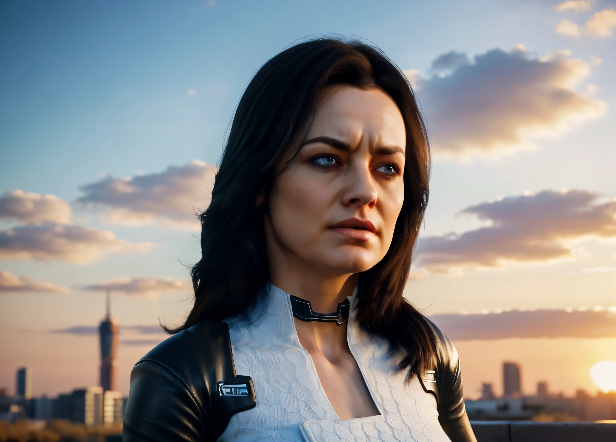 8k, best quality, real picture, intricate details, ultra-detailed, ultra highres, depth field,(photorealistic,realistic:1.2), masterpiece, miranda, blue eyes, black hair, long hair, (bruise, dirty,), sun, blue sky, best quality, realistic, photorealistic, (intricate details:1.2), (delicate detailed), (cinematic light), clear line, sharp focus, realistic face, detailed face, unity 8k wallpaper, ultra high res, (photorealistic:1.4),angry, Wide Shot, Atmospheric Perspective, Wide-Angle, 