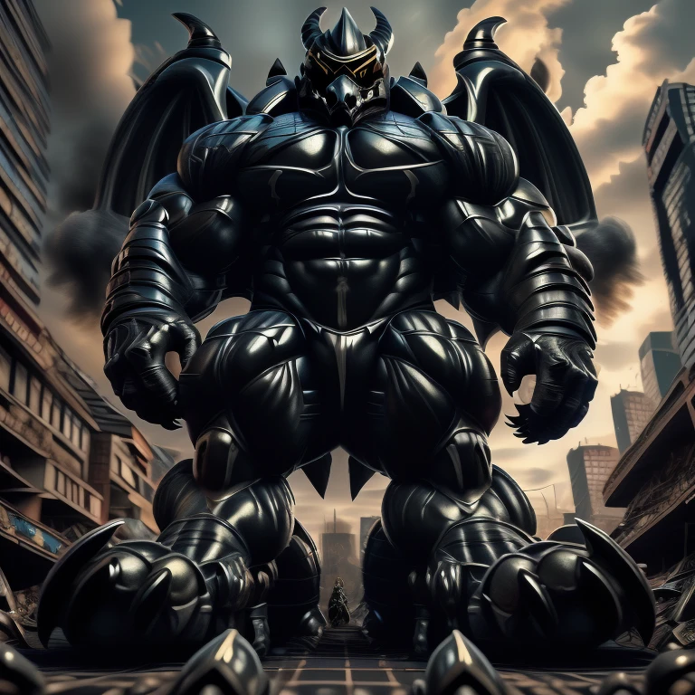 (masterpiece. official art. 8k. best quality. detailed full body. full body.)
(situation 1 : dominating demon lord dragon batzz. focus Colossus mechanical Muscular demon lord dragon batzz is trampling the CITY. macro. stomp. Low-angle perspective. emphasizing the immense size. The perspective is from below, emphasizing the sheer majesty and power of the Colossus. Colossus art. He is much bigger than a skyscraper. Giga Colossuss. micro soccer field. looking down.)

(situation 2 :smoke and flames rising from the destruction in the city)

(Additional details 1: wearing a full-face helmet. helmet is jet black. The color of NANOSUIT is jet black. high-tech bio-mecha armor. real texture material. whole body shines like metal. Wearing cyberpunk mecha. emphasizes the muscles. suit fully made of metal. intricate armor. Robotic suit. suit fully made of metal. NANOSUIT with the same design as demon lord dragon batzz.). (demon lord dragon batzz has 5 toes.)

(Additional details 2: (Detailed head. Detailed Body. Detailed abs. gigantic muscles. HYPER MUSCLES. Gigachad Muscular. big muscle. pecs. triceps. traps. unusually developed muscular body. body full of huge muscles. showing off muscles. pectorales enormes. Exaggeratedly huge muscles. huge muscles. long legs.).

(Additional details 3: nj5furry, Spread wings. It has wings. black have big wings. The claws are sharp. Sharp teeth.5 toes.)

- Latex Armor, l4tex4rmor, shiny latex,