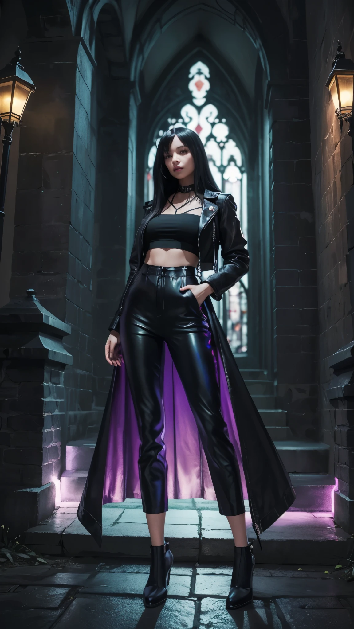 girl, full body, standing, hand on waist, slightly bent leg, long leather jacket, layered hair, crop camisole, large breasts, high waisted pants, looking at viewer, glowing hologram, violet dress, fantasy empress, outdoors, gothic architecture, alluring, (midnight, dark night, pitch black night), (ambience lighting),