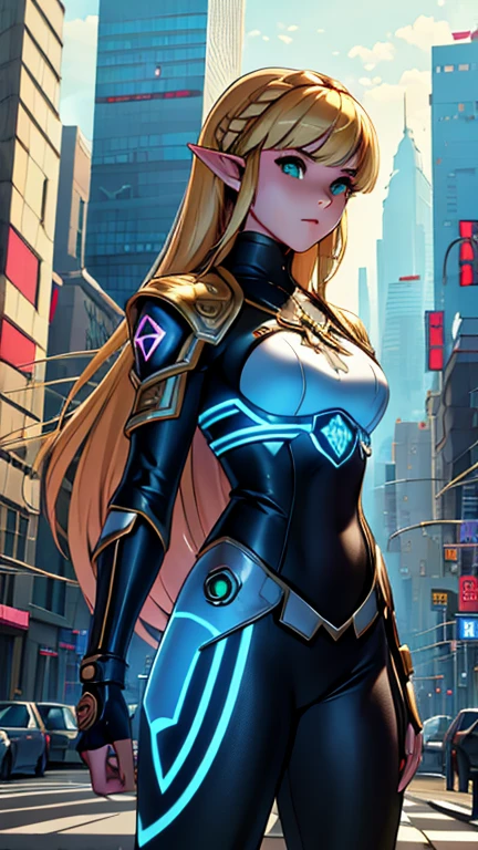 (Teens:1girl: princess zelda), (extremely detailed CG unit 8k wallpaper),(master part), (best quality), (ultra detail), (best illustration),(city-scene-aso), cowboy shot, (Sharp eyeliner, ombre, detailed eyes:1), bright, daylight, cyberpunk city, outdoor, ,break , (Al3xross style), upper body, (bangs, blonde hair, green eyes, long hair, pointy ears, cyber armor, line arts