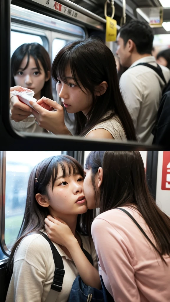 High resolution realistic photos,8k,Realistic skin texture,Young Japanese woman,Two female students pushed each other, Angry expression, face to face, Symmetric docking, {{kiss, Close contact on crowded trains, Pushed girl, Two girls stuck in the crowd, Full of girlsの混雑した電車, unwillingly, Full of girls、No gaps,On the train,Crowded train,One has long hair and the other has short hair,Sweating profusely、blush one&#39;s cheeks,