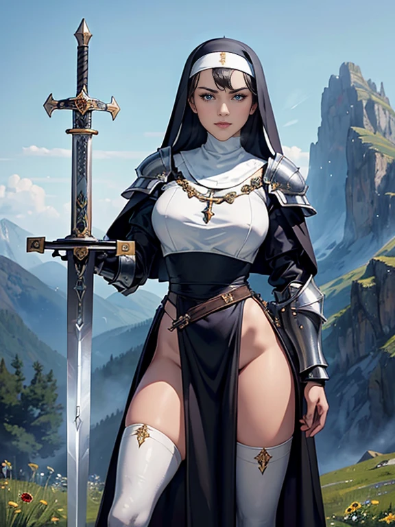 (masterpiece, superior quality, better quality, official art, beautiful and aesthetic), (1 girl:1.3), ((sharp facial features, sharp features, aggressive characteristics)), ((blue eyes)), hot brunette paladin knight, extremely detailed, portrait, looking at the observer, Alone, (full body:0.6), detailed Bottom, foto de full body, (warm mountain meadow theme:1.1), holy knight, (nun), charlatan, ironic smile, Mysterious, swinging in the mountains, Armor, polished metal, gold trim, long boots, White fabric, pelvic curtain, robe, light leather, ((((nun, Long sword, wreath, sacred aura, heavy Armor, Armored, long legs, pelvic curtain, Toned, muscular)))), thin waist, narrow hips, long legs, medieval (mountain exterior:1.1) Bottom, dark Mysterious lighting, shadows, Magical atmosphere, dutch angle