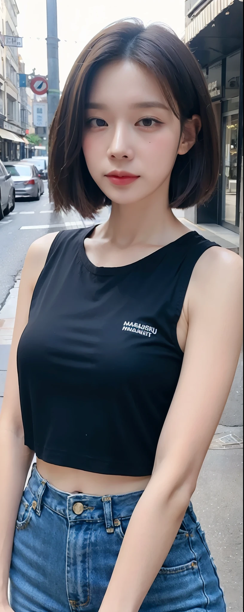 ((top-quality, 8K, masterpiece:1.3)), sharp focus:1.2, Beautiful Women in Perfect Style:1.4, Slender Abs:1.2, full body, wearing sleeveless shirts wide pants, ((weavy dark short hair:1.2)), (natural soft light, City Street:1.1), Highly detailed facial and skin texture, A detailed eye, double eyelid, uniform, Female,ld