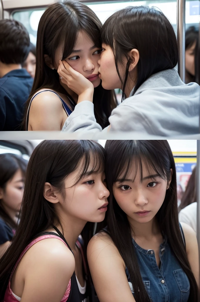 High resolution realistic photos,8k,Realistic skin texture,Young Japanese woman,Two female students pushed each other, Angry expression, face to face, Symmetric docking, {{kiss, Close contact on crowded trains, Pushed girl, Two girls stuck in the crowd, Full of girlsの混雑した電車, unwillingly, Full of girls、No gaps,On the train,Crowded train,One has long hair and the other has short hair,Sweating profusely、blush one&#39;s cheeks,