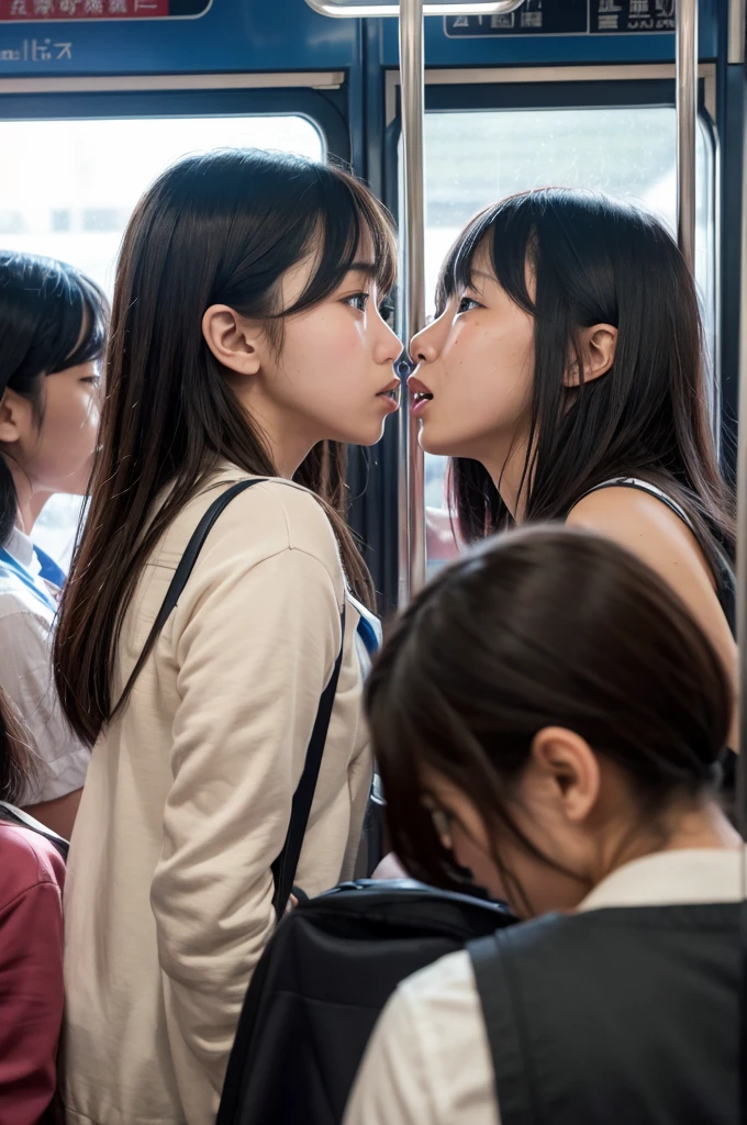 High resolution realistic photos,8k,Realistic skin texture,Young Japanese woman,Two female students pushed each other, Angry expression, face to face, Symmetric docking, {{kiss, Close contact on crowded trains, Pushed girl, Two girls stuck in the crowd, Full of girlsの混雑した電車, unwillingly, Full of girls、No gaps,On the train,Crowded train,One has long hair and the other has short hair,Sweating profusely、blush one&#39;s cheeks,