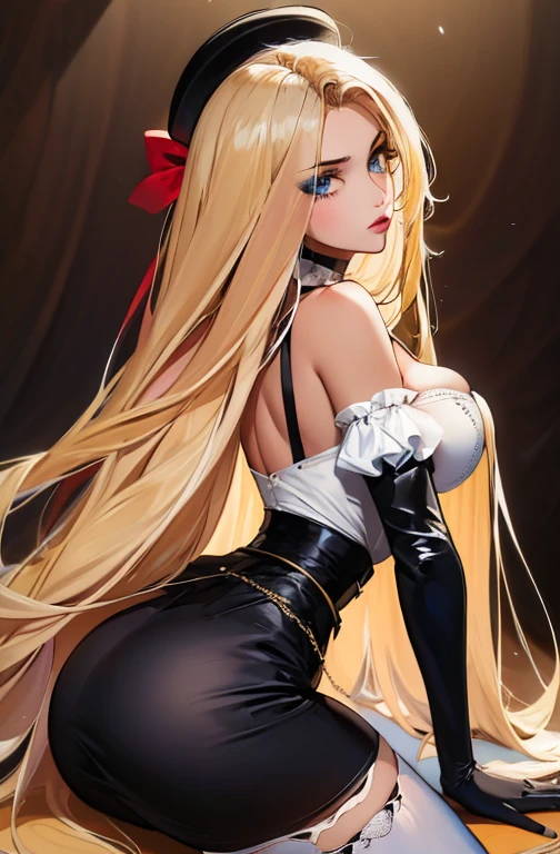 from side、from behind、on all fours,(masterpiece, best quality:1.4), absurdres, highres, ultra detailed, beautiful, 1girl, (maid), (perfect face, detailed face, beautiful:1.3), (blue eyes, golden hair, bangs, hair intakes, long hair), (natural breasts, cleavage), collarbone, fingerless gloves, gloves,spaghetti strap top, black pencil skirt, tight, over the knee skirt, hat, elegant maid outfit, thighhighs, thick thighs, thighs, multiple belts, More detailed 8K.motor irreal:1.4,UHD,La mejor calidad:1.4, fotorrealista:1.4, textura de la piel:1.4, obra maestra:1.8,obra-prima, mejor calidad,objeto Objeto], (detailed face features:1.3),(manos detailed)