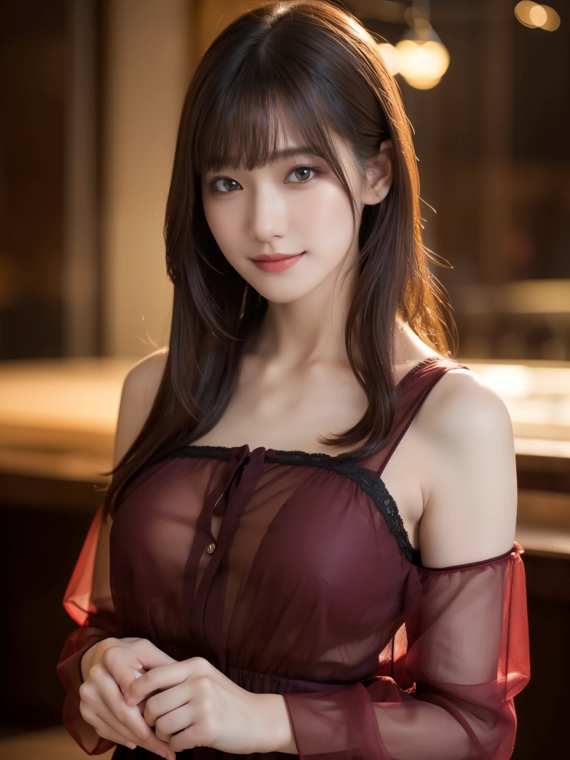 1 girl,(Wearing a burgundy transparent thin blouse:1.2),(RAW Photos, highest quality), (Realistic, Photorealistic:1.4), Tabletop, Very delicate and beautiful, Very detailed, 2k wallpaper, wonderful, In detail, Very detailed CG Unity 8k wallpaper, Very detailed, High resolution, Soft Light, Beautiful detailed girl, Very detailed目と顔, Beautiful and detailed nose, Fine and beautiful eyes, Cinema Lighting, Afternoon cityscape, Perfect Anatomy, Slender body, smile, random body orientation,