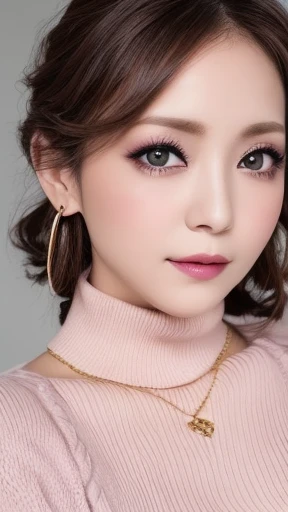 Tabletop、Close-up shot of face、(8k、RAW Photos、Best Quality、masterpiece: 1.2)、Gothic Makeup:1.4、Beautiful big brown eyes、Glowing White Skin、A very sweet and beautiful young woman、((Big Breasts:1.2))、(BLACK turtleneck sweater), mini-skirt, (earrings, on), (erotic expression, on)、Pastel pink lipstick,long eyelashes:1.3,((purple eyeshadow)),gold hoop earrings, gold necklace,Blurred black background:1.5、Photo Studio、Cinema Lighting、Professional photographer