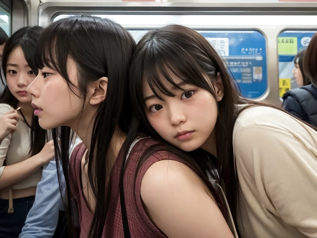 High resolution realistic photos,8k,Realistic skin texture,Young Japanese woman,Two female students pushed each other, Angry expression, face to face, Symmetric docking, {{kiss, Close contact on crowded trains, Pushed girl, Two girls stuck in the crowd, Full of girlsの混雑した電車, unwillingly, Full of girls、No gaps,On the train,Crowded train,One has long hair and the other has short hair,Sweating profusely、blush one&#39;s cheeks,