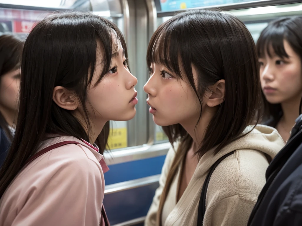 High resolution realistic photos,8k,Realistic skin texture,Young Japanese woman,Two female students pushed each other, Angry expression, face to face, Symmetric docking, {{kiss, Close contact on crowded trains, Pushed girl, Two girls stuck in the crowd, Full of girlsの混雑した電車, unwillingly, Full of girls、No gaps,On the train,Crowded train,One has long hair and the other has short hair,Sweating profusely、blush one&#39;s cheeks,