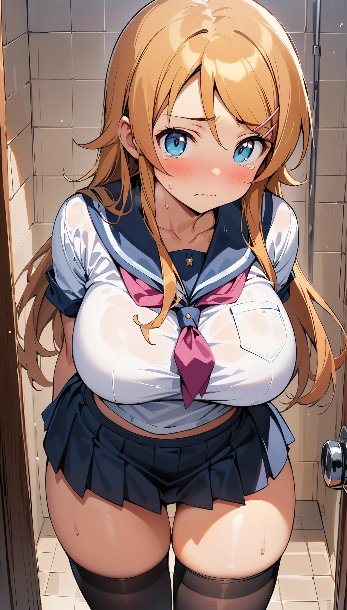 (curvy, large breasts, tented shirt), (Sticky Sailor uniform, mini skirt), (1girl, kousaka kirino, ore no imouto ga konna ni kawaii wake ga nai), beautiful detailed eyes, blue eyes,(cute eyes), black thigh highs, arms behind back, (Carving Waistline), Shower room, (cowboy shot, from front), Best Quality, Super detailed, masterpiece, Ultra-high resolution, 8k, Embarrassing, blush, Nice, (With tears in my eyes), closed mouth, sweat