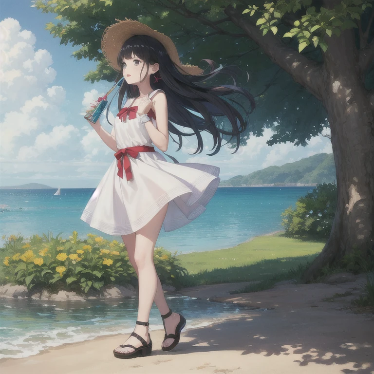 (masterpiece of the highest quality:1.2), One girl, Alone,pretty girl,Painted in pastel colors, Summer clothes around her, Dancing in the Wind, High quality drawings,White dress,With blue belt,Blue lines on the cuffs,Straw hat,Red ribbon,Sandals,ストラップ付きSandals,Earrings,紫の宝石のEarrings,beach,Holding the hat,左手でHolding the hat,A strong wind is blowing,Water&#39;s Edge