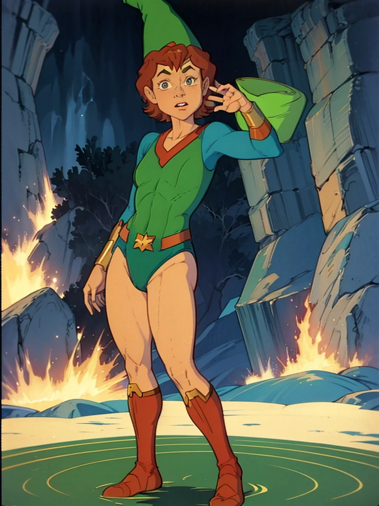 a redhead cartoon character, wonder woman outfit, green leotard, very muscular,  male wizard, 1980s cartoon, animated episode still, Presto (((mad))), ((Wears a wizard hat))