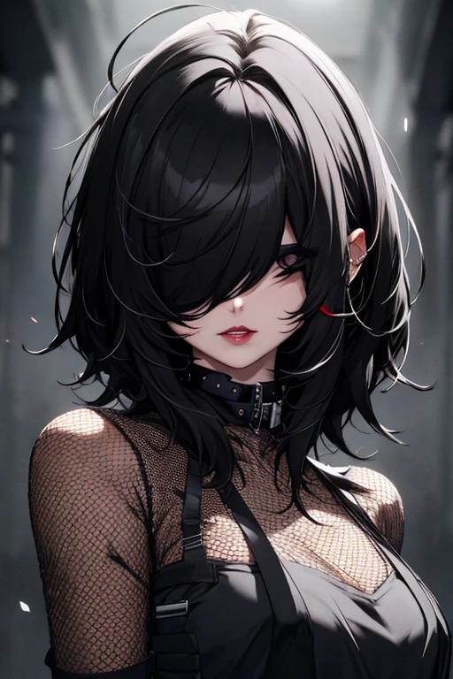 masterpiece, upper body, face portrait,  woman, solo, black hair, hair over eyes, messy hair, mesh clothing, dark lighting, collar, lipstick