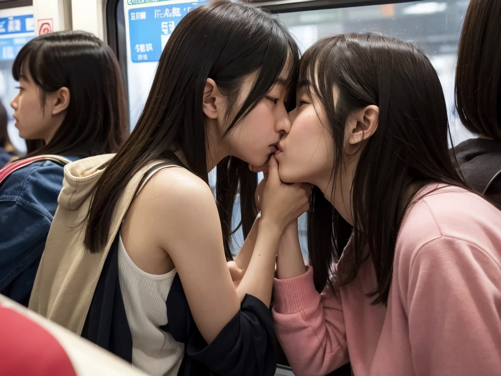 High resolution realistic photos,8k,Realistic skin texture,Young Japanese woman,Two female students pushed each other, Angry expression, face to face, Symmetric docking, {{kiss, Close contact on crowded trains, Pushed girl, Two girls stuck in the crowd, Full of girlsの混雑した電車, unwillingly, Full of girls、No gaps,On the train,Crowded train,One has long hair and the other has short hair,大量にsweatをかく、blush one&#39;s cheeks,sweat,暑いOn the train,sweat,ぎゅうぎゅう詰めのOn the train,