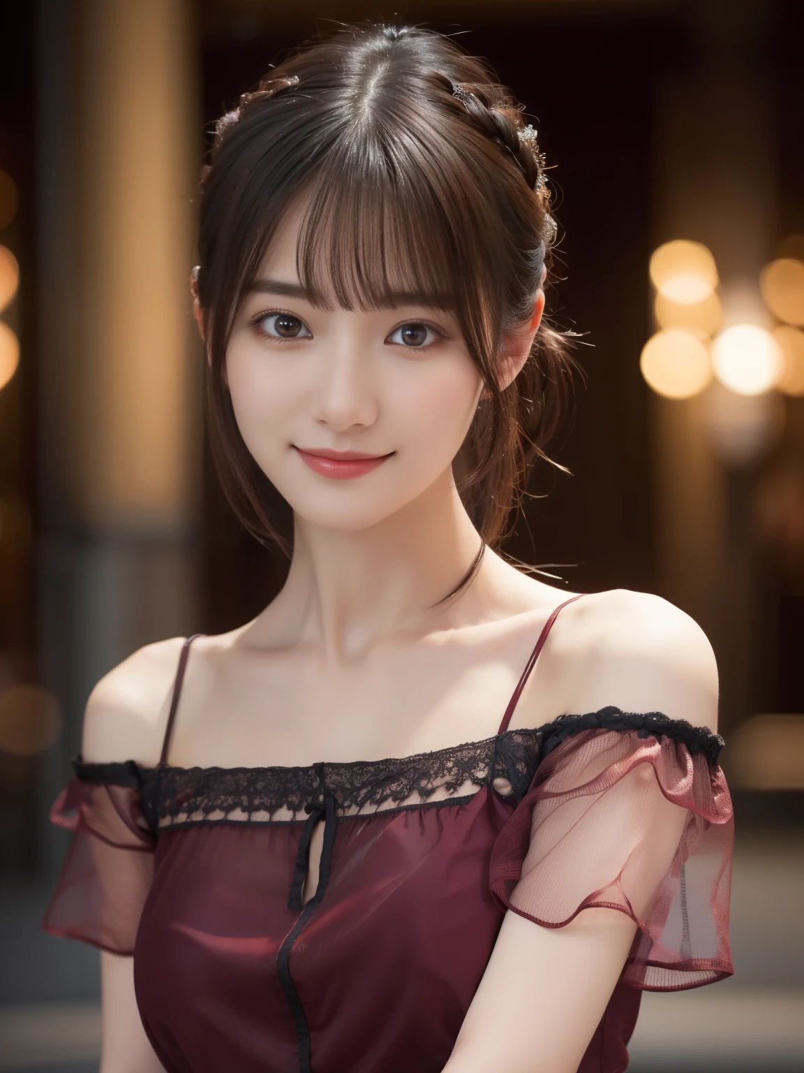 1 girl,(Wearing a burgundy transparent thin blouse:1.2),(RAW Photos, highest quality), (Realistic, Photorealistic:1.4), Tabletop, Very delicate and beautiful, Very detailed, 2k wallpaper, wonderful, In detail, Very detailed CG Unity 8k wallpaper, Very detailed, High resolution, Soft Light, Beautiful detailed girl, Very detailed目と顔, Beautiful and detailed nose, Fine and beautiful eyes, Cinema Lighting, Afternoon cityscape, Perfect , Slender body, smile, random body orientation,