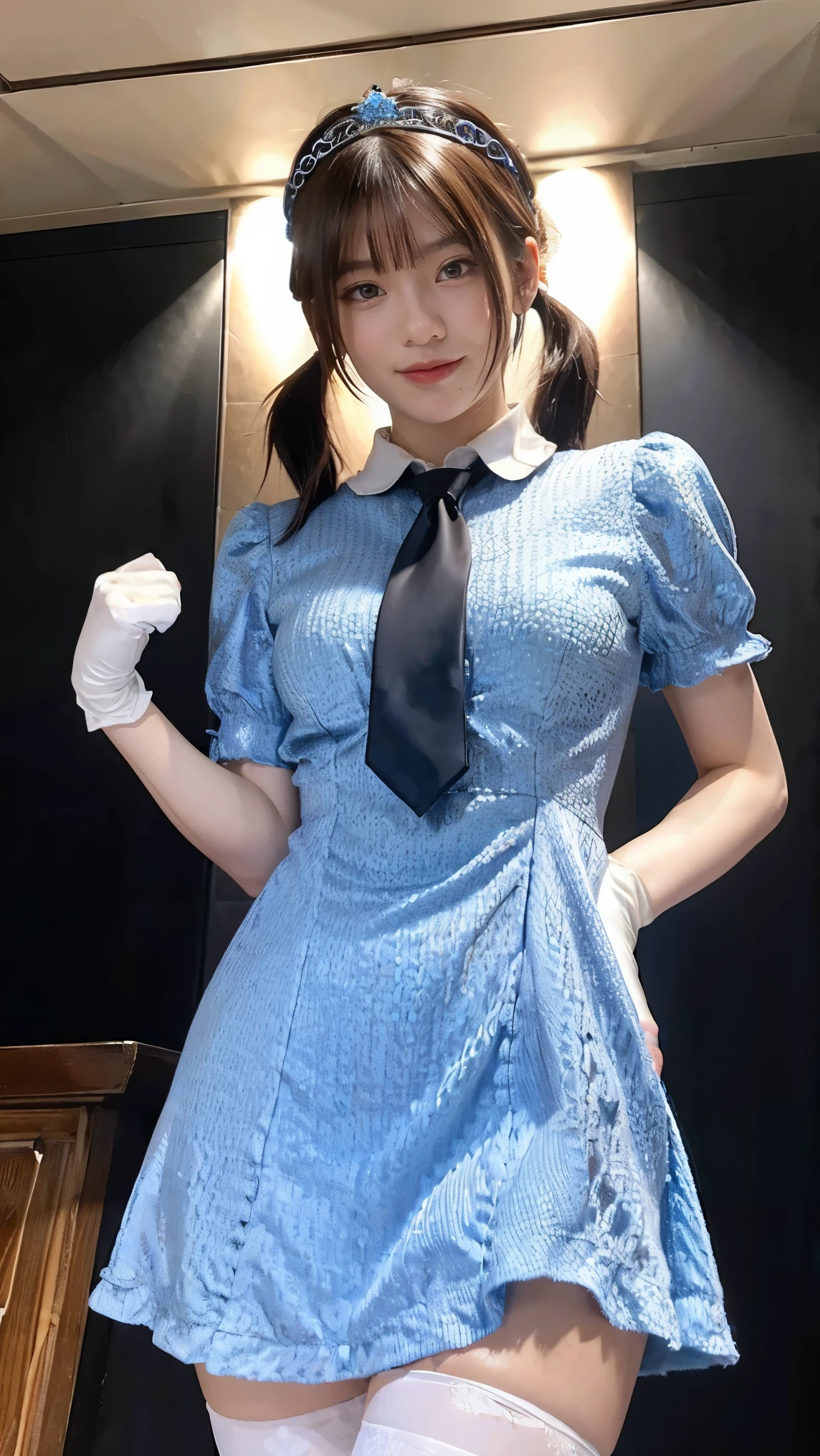 2d, masterpiece, best quality, anime, highly detailed face, highly detailed eyes, highly detailed background, perfect lighting, cowboy shot, 1girl, solo, aki rosenthal, collared dress, short dress, short sleeves, blue jacket, black thighhighs, detached hair, long hair, low twintails, bob cut, necktie, headgear, white gloves, elbow gloves, wide hips, smile, standing, spacecraft interior