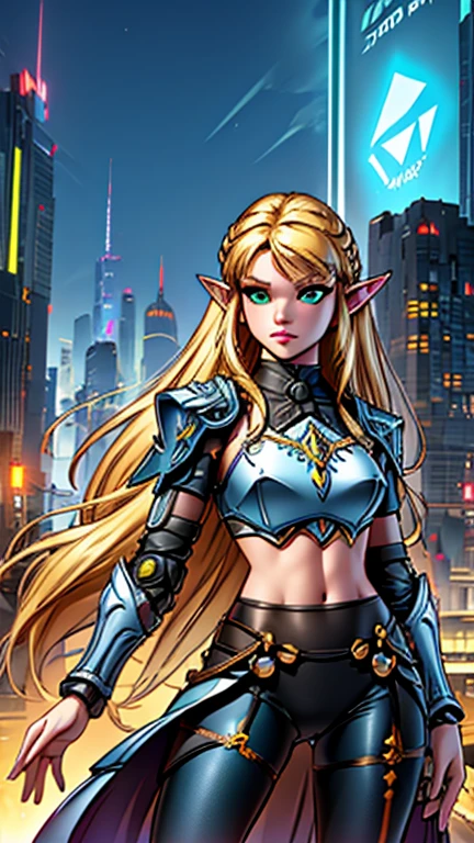 (Teens:1girl: princess zelda), (extremely detailed CG unit 8k wallpaper),(master part), (best quality), (ultra detail), (best illustration),(city-scene-aso), cowboy shot, (Sharp eyeliner, ombre, detailed eyes:1), bright, daylight, cyberpunk city, outdoor, ,break , (Silvestri style), upper body, (bangs, blonde hair, green eyes, long hair, pointy ears, cyber armor, line arts