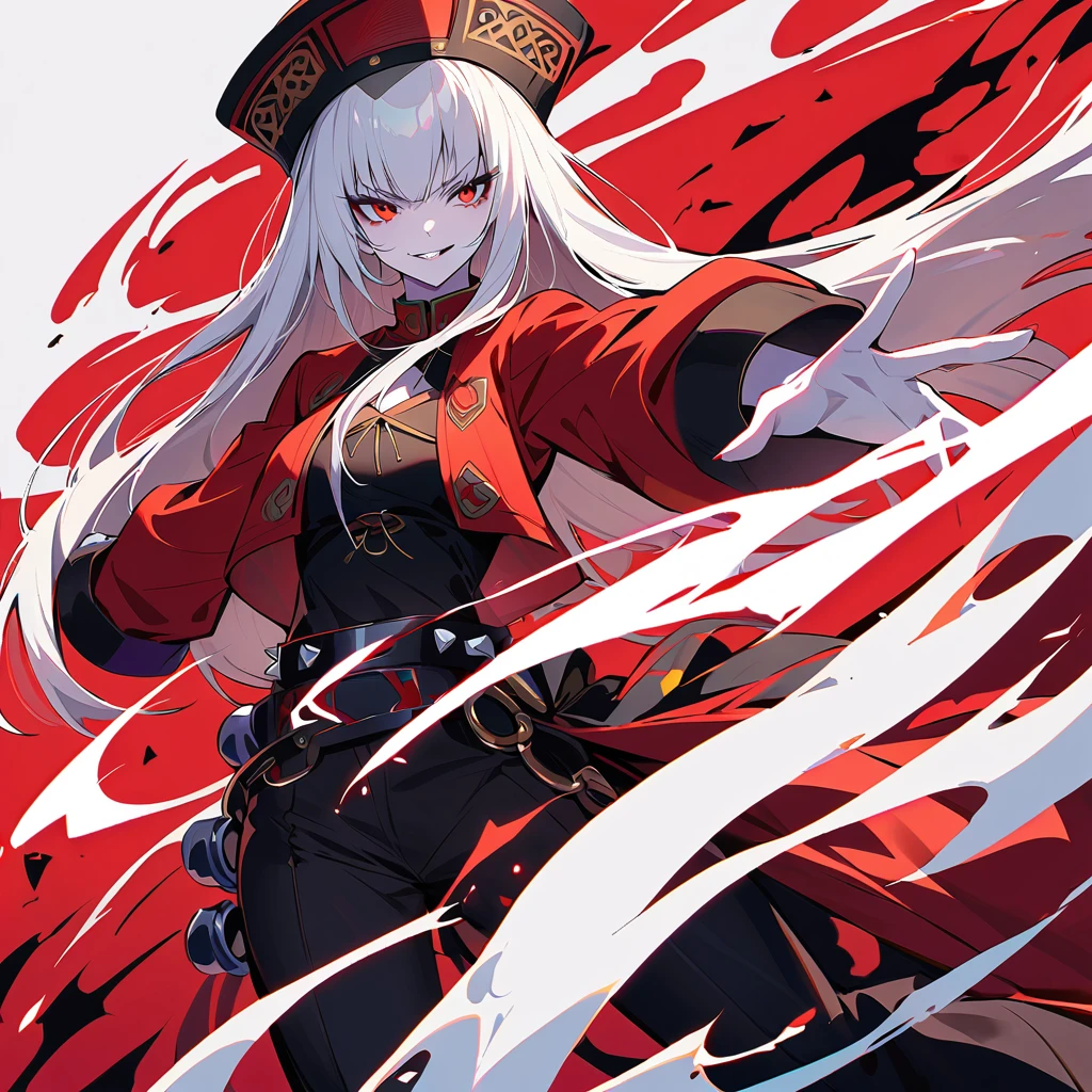 High detailed, 1 woman, long straight hair, pure white hair, red long sleeved jacket, black bustier, yao jun hat, Spiked belt, red eyes, pale skin, black pants, strong, evil grin