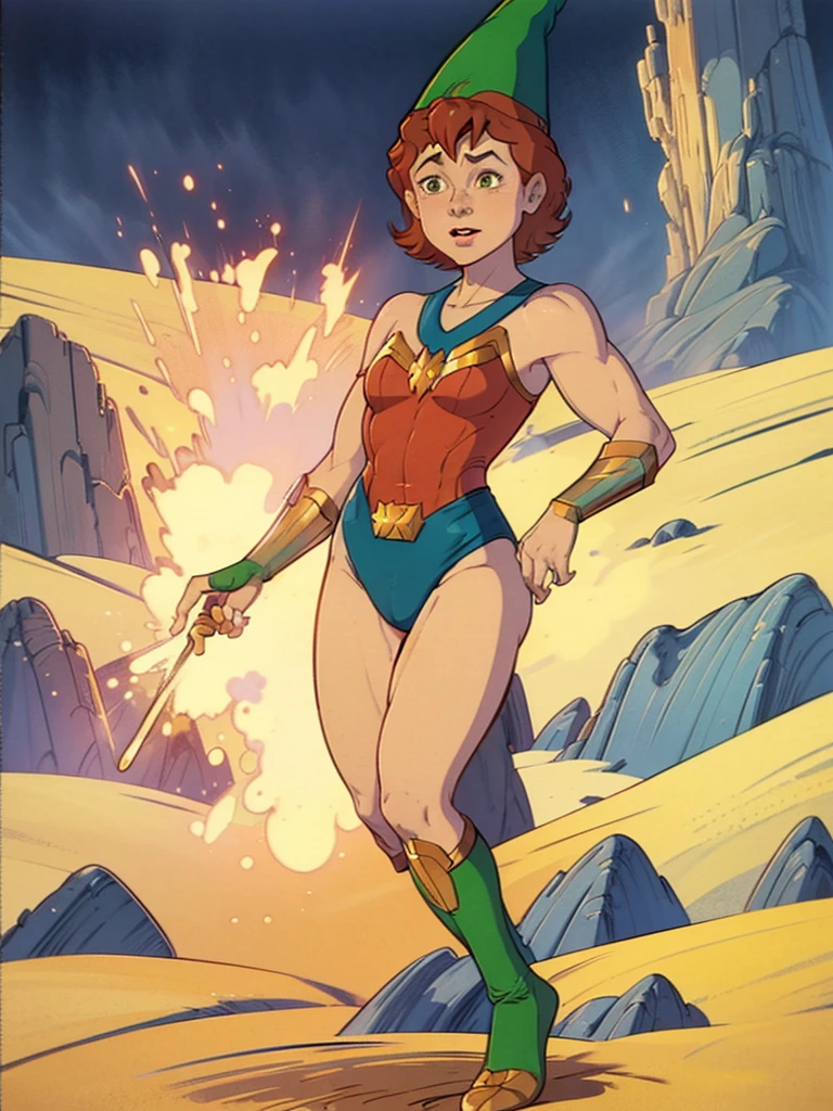 a redhead cartoon character, wonder woman outfit, green leotard, very muscular,  male wizard, 1980s cartoon, animated episode still, Presto (((mad))), ((Wears a wizard hat))