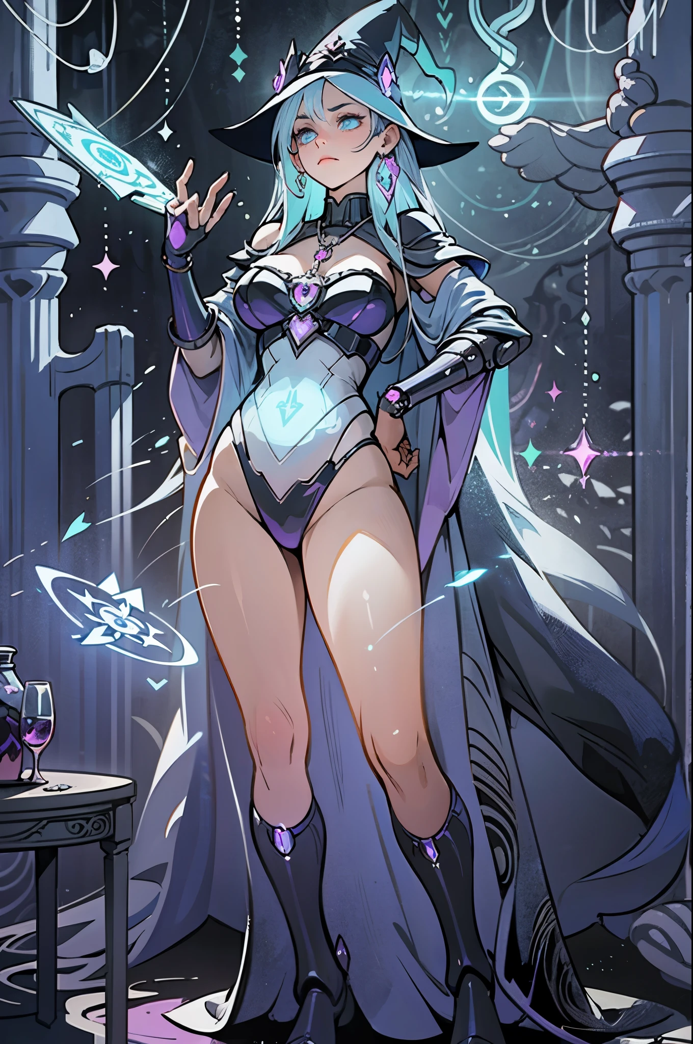 Trixie, Huge-breasts, Lush breasts, Elastic breasts, hairlong, Luxurious hairstyle, bluish skin, blue tint on the skin, on the stage, wearing cloak, Star Cloak, naked ass, naked breasts, Beautiful , blue clothes, A lot of blue, purple cloak, Shows tricks, Magic, Sinister smile, asterisk on the hair, Three-dimensional figure, Sexy, in full height, from bottom to up view, BDSM boots, beste-Qualit, Very detailed, 8K quality, in full height