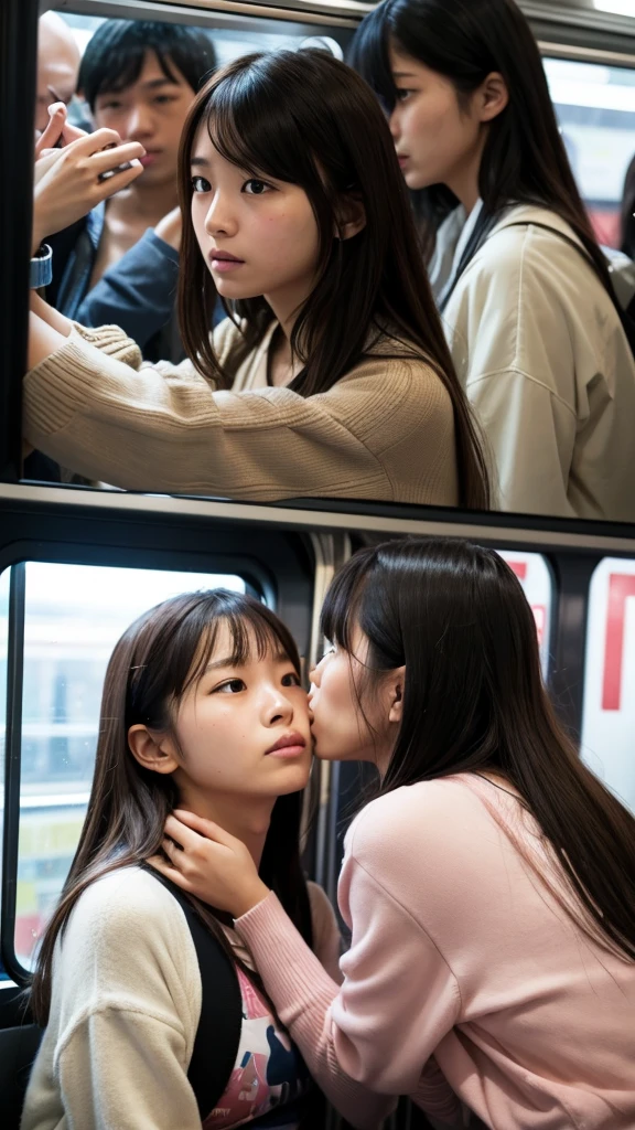 High resolution realistic photos,8k,Realistic skin texture,Young Japanese woman,Two female students pushed each other, Angry expression, face to face, Symmetric docking, {{kiss, Close contact on crowded trains, Pushed girl, Two girls stuck in the crowd, Full of girlsの混雑した電車, unwillingly, Full of girls、No gaps,On the train,Crowded train,One has long hair and the other has short hair,大量にsweatをかく、blush one&#39;s cheeks,sweat,暑いOn the train,sweat,ぎゅうぎゅう詰めのOn the train,Random composition,