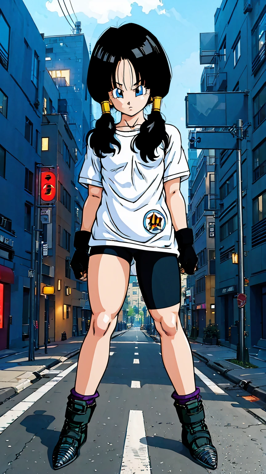 (masterpiece), anime, Best Quality, Good anatomy, Saw 2, Alone, ( On my knees),blue eyes, Black Hair, Twin tails, Black Gloves, Medium chest realistic face, Gloomy face, Looking down, bicycle_Shorts, bangs, White shirt, Gym, Reflector, 8K masterpiece ultra-detailed, Movies Movies, Best Quality, Best details, Detailed face, Fine grain, Camera from below