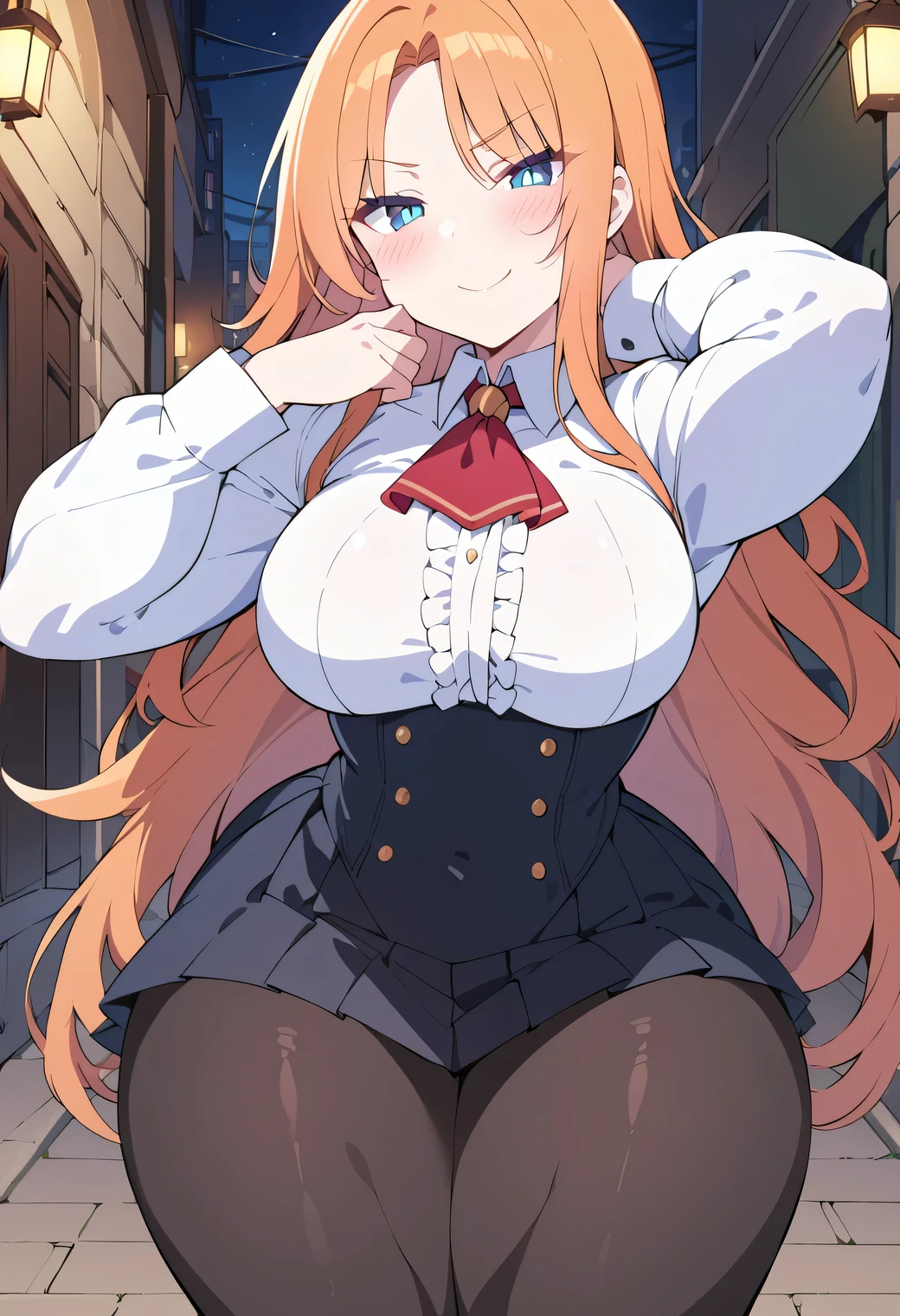 ((best quality)), ((masterpiece)), (detailed), (perfect anatomy), (exquisite clothing); 1girl, solo, sidewalk, night time, showing off biceps; Perfect face, orange hair, very long hair, fanged bangs, sidelocks, blushing, blue eyes, bright pupils, confident, smug smile; Tall, mature, (bulky:1.2), deltoids, trapezius, medium breasts, thick arms, biceps, triceps, covered navel, abs, wide hips, thick thighs, glutes, quads, lats, hamstrings; (White dress shirt, center frills, long sleeves), red ascot, (underbust, black skirt, high-waist, pleated), black pantyhose.