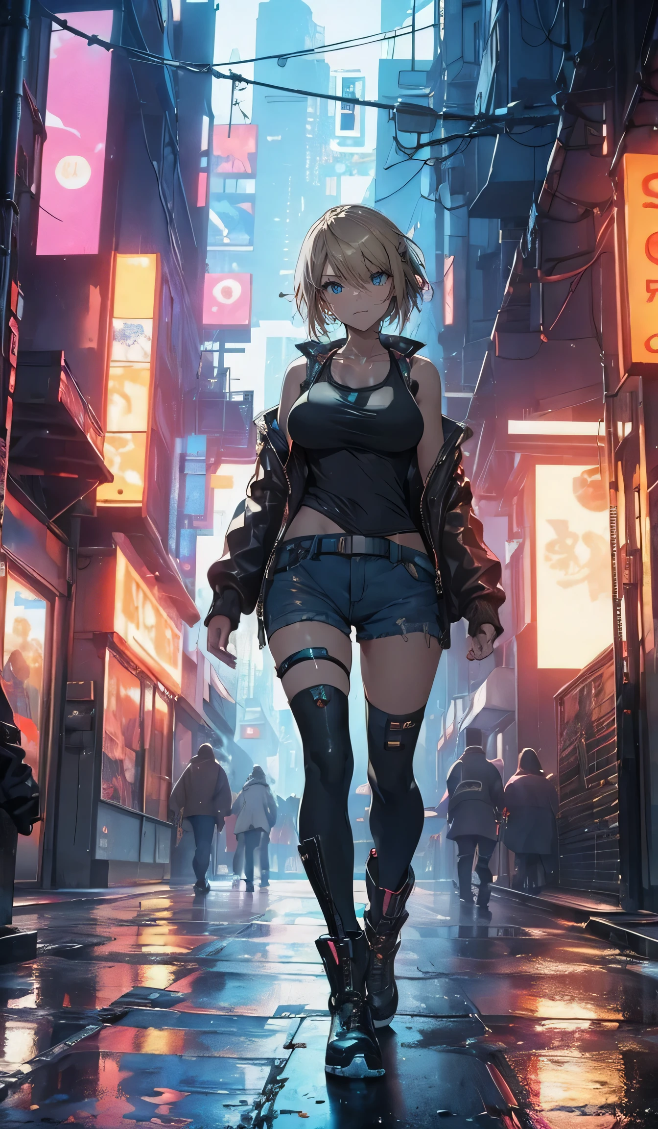 ((Big Breasts,cyberpunk,jacket,Tank tops)),beautiful, masterpiece, Best Quality,Beauty, Look at the viewers,smile,boots,Smiling,Facing forward,neon lights,Live House,alley,Short denim pants,Short Hair,rain,豪rain,Squall,Blonde,Walking