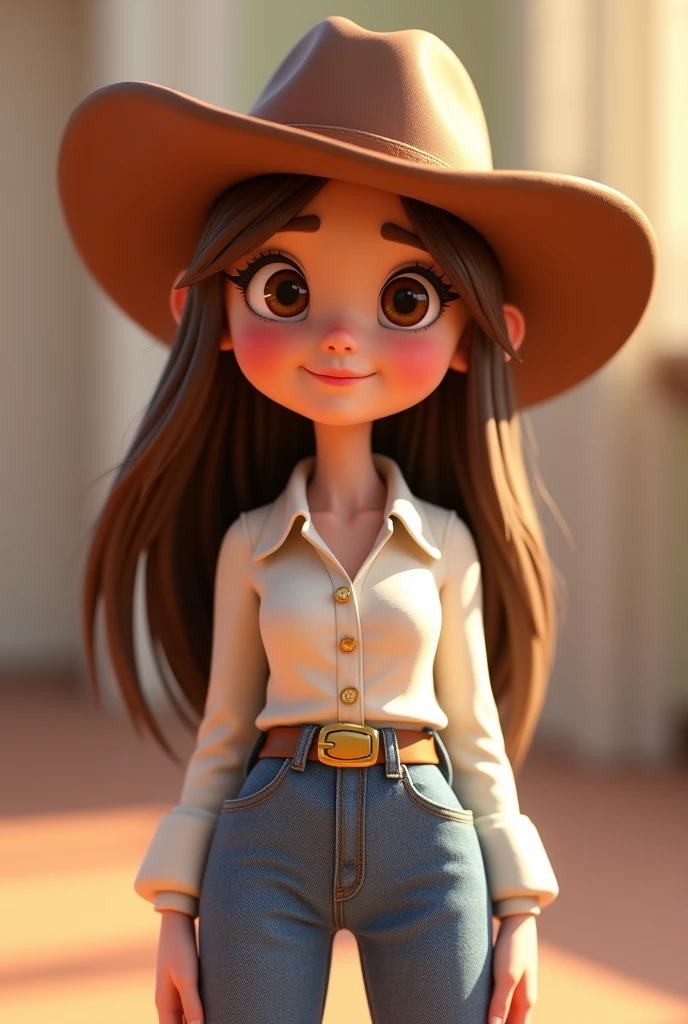 Cartoon character of a 3 woman, white skin, roasted fine, small eyes and long straight brown hair, sweet, wearing brown cowboy hat, a white shirt, flare jeans and boots, brown eyes, slim and smiling, an animated character, Stylized character, Stylized 3D, Arnold Maya Rendering, Stylized 3D rendering, toon render keyshot, 3d character, 3d character, Stylized 3D rendering, 3D Character Rendering, cartoon character, Personagem de close up, Character pose, (Pixar style) (main part:1.2) (Bokeh Effect) (better quality) (detailed skin) (detailed texture) (8k) (clay) (Cinematic lighting) (sharp focus，Sit down and empty the entire body part.