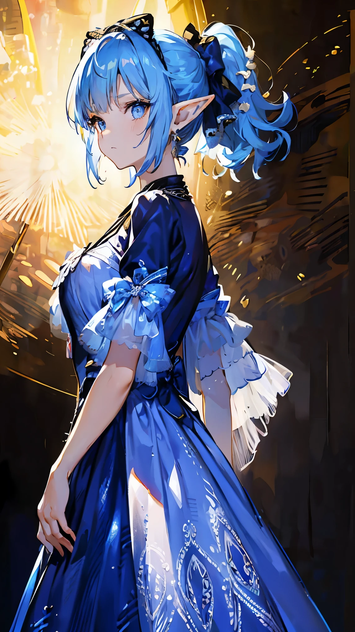 (masterpiece), high details, high quality, (best quality), (super detail), perfect detailed eyes, perfect detailed face, light blue hair, ponytail, Leopard print dress, design, intricate patterns, Fashionable, cutting-edge, avant-garde costumes, Intersection of light and shadow, Fantastic landscape, from side, elf, long pointy ears, hair bow