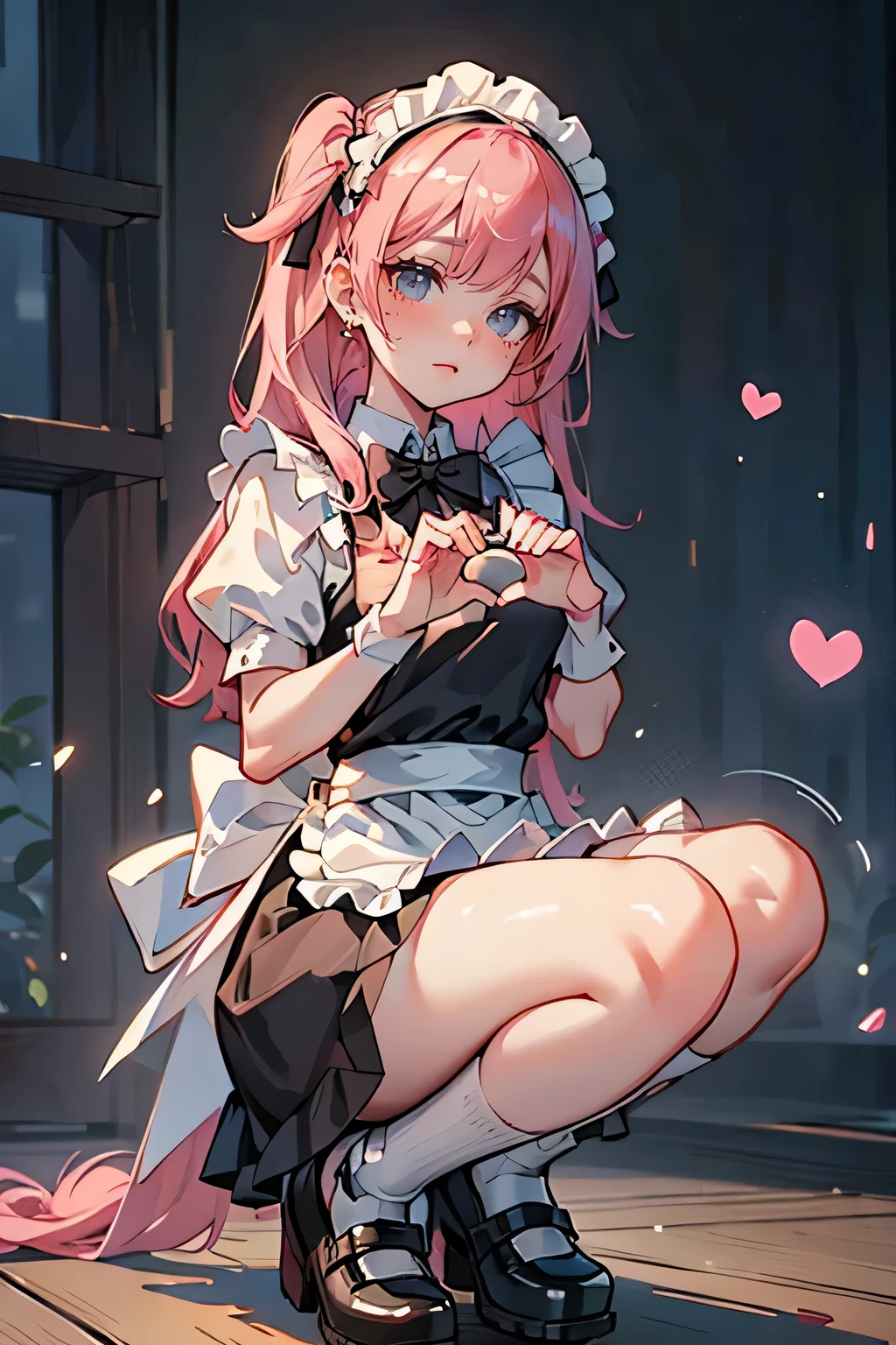 One Girl, apron, bow, cube Hair Accessories, dress, Frills, dark (performance), Hair Accessories, heart, heart hands, Long Hair, Look away, Maid, Maid apron, Maid headdress, Mary Jane, One side up, Pink Hair, Shadowy Face, shoes, short dress, Alone, Sweat drops, Knee-high socks, white Knee-high socks, Absolute territory,