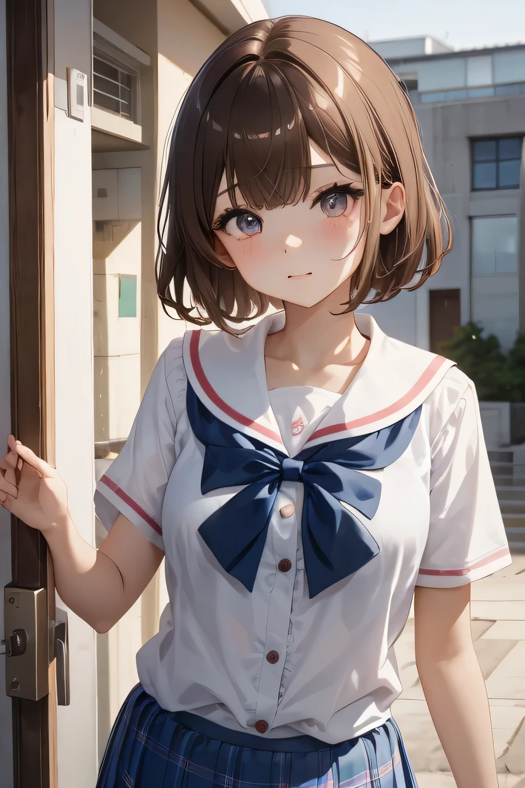 NSFW、School Swimsuit、Brown hair short cut、Junior high school students、Small breasts school uniform、Young face