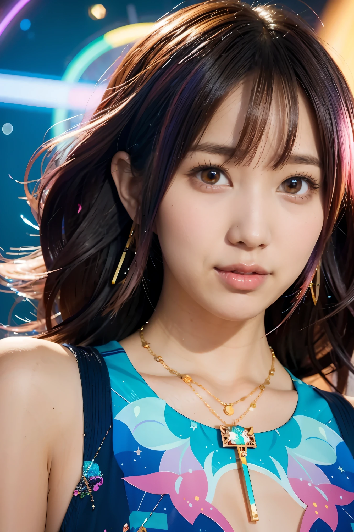 Close-up of a woman with colorful hair and necklace, anime girl with cosmic hair, Rossdraws' soft vibrancy, Gouviz-style artwork, fantasy art style, colorful], vibrant fantasy style, Rossdraws cartoon full of energy, cosmic and colorful, Guweiz, colorful digital fantasy art, stunning art style, beautiful anime style, white skin, night coat,