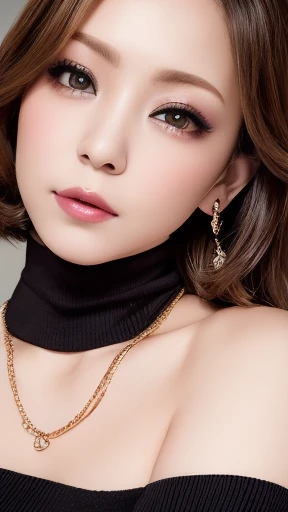 Tabletop、Close-up shot of face、(8k、RAW Photos、Best Quality、masterpiece: 1.2)、Gothic Makeup:1.4、Beautiful big brown eyes、Glowing White Skin、A very sweet and beautiful young woman、((Big Breasts:1.2))、(BLACK turtleneck sweater), mini-skirt, (earrings, on), (erotic expression, on)、Pastel pink lipstick,long eyelashes:1.3,((purple eyeshadow)),gold hoop earrings, gold necklace,Blurred black background:1.5、Photo Studio、Cinema Lighting、Professional photographer